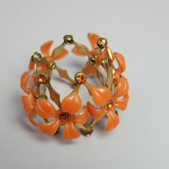 Vintage Orange Plastic Flower Rhinestone Expansion Stretch Bangle Bracelet Retro - Picture 5 of 9